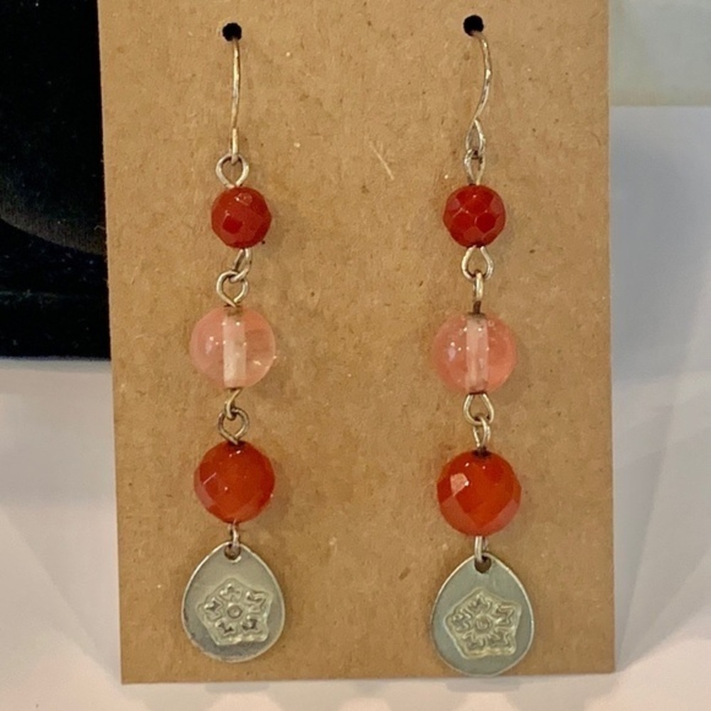 💐5/25 long triple faceted crystal bead dangle silver teardrop flower detail